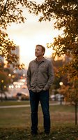 Middle-aged Caucasian man standing under golden autumn foliage at dusk, wearing casual gray button-up shirt and dark jeans, urban park setting with bokeh city lights in background.
