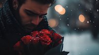 Young man holding red roses in winter snowfall with bokeh lights creating romantic atmosphere, dramatic moody portrait with soft focus background.