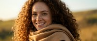 Young mixed-race woman with curly hair smiling warmly wrapped in cozy scarf during golden hour sunset outdoors in autumn countryside landscape.