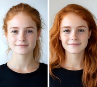 Young woman with natural red hair and freckles shown in before and after comparison portraits wearing black top, displaying genuine smile and fresh-faced appearance.