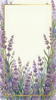 Lavender flowers frame with golden border and blank space for text, wedding invitation template, botanical border design for greeting cards and stationery.