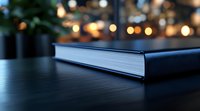 Closed book with black leather cover on dark wooden table against blurred warm bokeh lights background, creating cozy atmospheric mood.