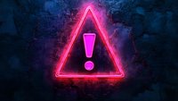 Glowing neon pink exclamation mark in triangle warning sign against dark textured background with smoke effects, creating dramatic cyberpunk atmosphere.