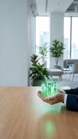 Businessman hand holding holographic green human figures in modern office representing team management and human resources technology concepts.