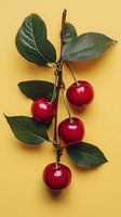 Fresh red cherries with green leaves on branch isolated on yellow background for summer fruit design and healthy eating concepts.