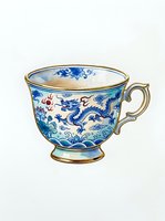 Vintage porcelain teacup with blue dragon motif and ornate brass handle, isolated on white background for design and clipart use.