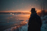 Man in hat watching sunset over snowy landscape with falling snowflakes creating magical winter atmosphere during golden hour twilight.