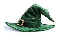 Green velvet witch hat with golden buckle decoration isolated on white background, ready for Halloween costume designs and magical fantasy projects.