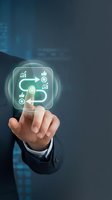 Businessman touching glowing neon business process optimization icon with arrows, charts and thumbs up symbols for digital marketing and workflow automation strategy.
