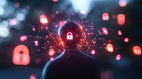 Silhouette of person with glowing digital padlock and security symbols, representing cybersecurity and data protection in modern digital age. Dark background with bokeh effect.