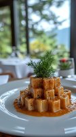 Gourmet pasta dish with short rigatoni arranged in geometric pattern, served with rich orange sauce and fresh dill garnish on white plate in upscale restaurant setting.