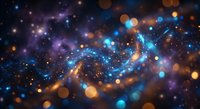 Abstract cosmic background with glowing particles and bokeh lights in blue, purple and orange colors creating magical space atmosphere for digital art.