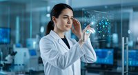 Female scientist in white lab coat interacting with futuristic holographic interface displaying molecular structures in modern laboratory setting.