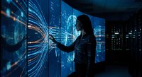 Woman interacting with futuristic holographic data visualization in modern control room with glowing blue digital interfaces and streaming light trails.