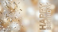 Happy Birthday golden text with falling confetti on a warm bokeh background, festive celebration card design.