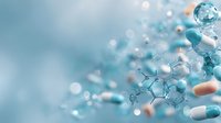 Abstract molecular structure with pharmaceutical capsules on soft blue background, representing medical research and drug development in healthcare industry.