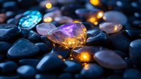 Glowing amber gemstone surrounded by smooth river stones with magical bokeh lights creating mystical atmosphere for jewelry and luxury design projects.