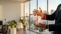 Businessman in suit holding glowing DNA helix hologram in modern office, representing biotechnology, genetics, and future of science.