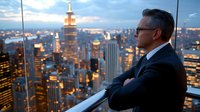 Mature businessman in suit contemplating city skyline at dusk from high-rise viewpoint, arms crossed, illuminated urban landscape with skyscrapers below.