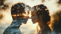 Romantic double exposure silhouette combining sunset landscape with couple's profiles in tender moment. Golden light and dreamy atmosphere create emotional connection.