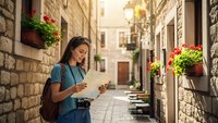Young woman with smartphone walking through charming stone street with flower boxes, perfect for travel and urban lifestyle content.