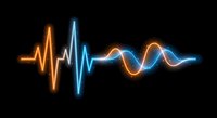 Glowing neon heartbeat pulse transforming into sound wave on black background for medical technology presentations and healthcare designs.