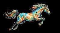 Colorful stylized horse with flowing mane leaping in motion, featuring vibrant blue, orange, and gold patterns on transparent background, ready for t-shirt design, clipart, stickers, and print-on-demand projects.