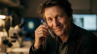 Mature businessman with curly hair talking on smartphone in modern office environment, professional communication and corporate lifestyle.