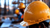 Orange safety helmet on construction site with blurred industrial background. Worker protection equipment for building projects and workplace safety standards.