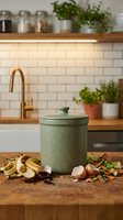 Green ceramic compost bin with lid on wooden cutting board surrounded by organic kitchen scraps in modern farmhouse kitchen with subway tile backsplash.