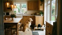 Golden retriever and small dog sitting on kitchen floor with warm wood cabinets, pendant lights and natural sunlight streaming through windows.