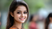 Young South Asian woman with bright smile wearing traditional orange dress against blurred green background, natural makeup and long dark hair styled elegantly.
