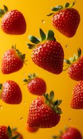 Fresh ripe strawberries floating against vibrant yellow background with water droplets, creating dynamic food composition for culinary advertising.
