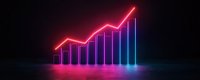 Neon glowing bar chart with upward arrow showing business growth and success on dark background with colorful gradient lighting effects.