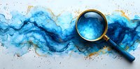 Magnifying glass on abstract blue watercolor background with gold splatter and flowing ink texture creates dramatic scientific exploration concept.