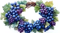 Fresh grape wreath with clusters of blue and purple grapes adorned with green leaves on brown vine base, watercolor style artwork for seasonal decor.