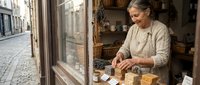Senior woman with gray hair and light skin tone, wearing beige clothing, arranging wooden items in a small shop window. Suitable for retail, small business, craftsmanship, and entrepreneurship concepts.