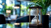 Elegant hourglass with brass frame on wooden surface in modern office environment with green plants and natural lighting for business time management concepts.