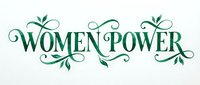 Women power text with decorative flourishes and leaf ornaments, isolated on white background for design projects, apparel printing, and branding applications.