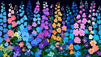 Colorful delphinium and wildflower garden arrangement in vibrant rainbow colors against dark background, floral pattern design for fabric, wallpaper and stationery.