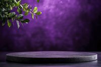Empty round purple podium with green leaves on dark mystical background, product display platform for cosmetics and merchandise presentation.