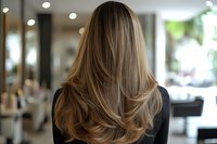 Back view of long layered brown hair with blonde highlights styled in soft waves at modern salon, showing professional haircut and color technique results.