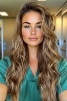 Young female healthcare worker with long wavy blonde hair wearing green medical scrubs, looking directly at camera with natural makeup and confident expression.