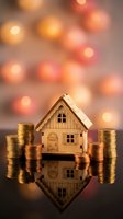 Wooden house model surrounded by golden coin stacks with warm bokeh lights background representing real estate investment and property savings concept.