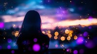 Silhouette of woman against evening cityscape with dreamy bokeh lights and purple glowing particles creating magical atmospheric mood at sunset.