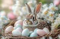Adorable brown and white bunny in Easter nest with pastel colored eggs surrounded by white spring flowers, creating festive holiday atmosphere. Natural seasonal composition.