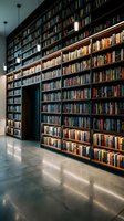 Modern library interior with floor-to-ceiling bookshelves filled with colorful books, warm lighting and polished concrete floors for academic spaces.