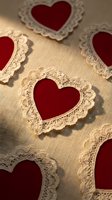 Red hearts with delicate lace borders scattered on beige linen fabric creating romantic vintage atmosphere for wedding invitations and love themed designs.