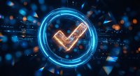 Glowing copper checkmark symbol inside blue neon circle with digital cityscape background and bokeh lights for technology and verification concepts.