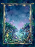 Enchanted forest pathway with glowing lights framed by ornate gold border, mystical woodland scene with luminous trees and magical atmosphere for fantasy art and design projects.